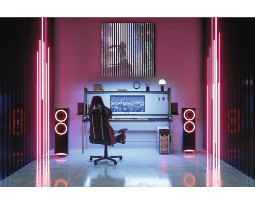 Une salle de jeux avec bureau, ordinateur, chaise, haut-parleurs et éclairage LED crée une atmosphère moderne.