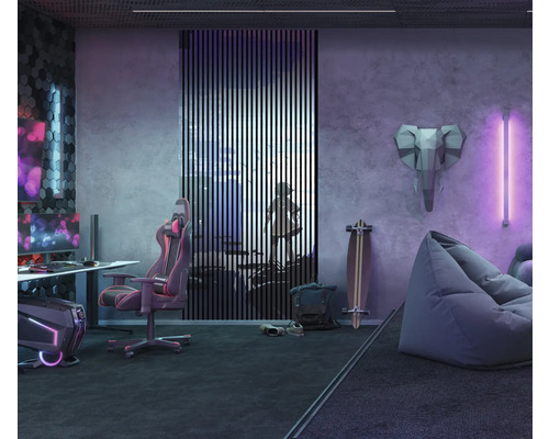 Chambre d''adolescent moderne avec bureau, chaise de jeu, séparateur de pièce et coin salon