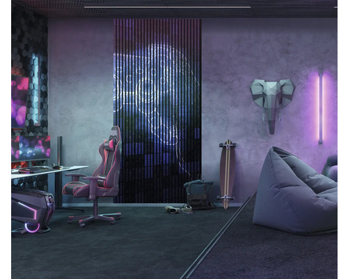 Aménagement d''une pièce avec PC de gaming, chaise de gaming, pouf, skateboard et décoration murale