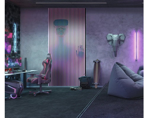 Salle de jeux moderne avec bureau, chaise de jeu et pouf