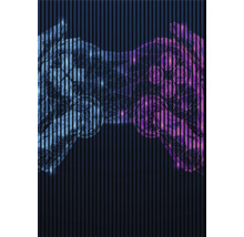 Design abstrait avec des rayures verticales et des formes géométriques.