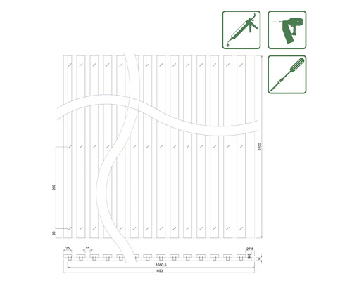 Dessin technique d''un élément de clôture d''intimité avec dimensions et symboles d''outils