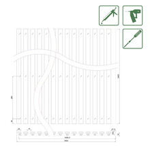 Schéma d''un kit de clôture en bois avec symboles d''outils et indications de dimensions