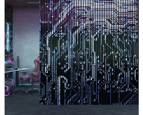 Salle de jeux avec rideau coulissant à motif de circuit imprimé