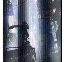 Illustration einer Person mit Hut in einer städtischen Szene