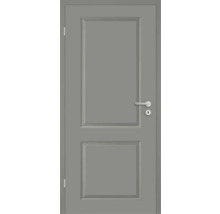 Porte intérieure grise à deux panneaux avec poignée et trou de serrure