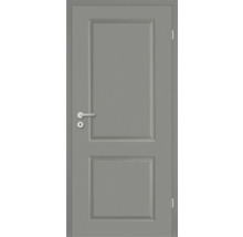 Porte intérieure grise avec deux panneaux rectangulaires et poignée de porte argentée