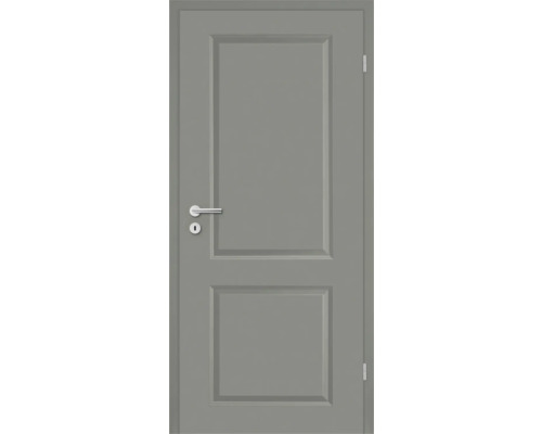 Porte intérieure grise avec deux panneaux rectangulaires et poignée de porte argentée