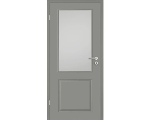 Porte intérieure grise avec insert en verre, poignée de porte et serrure