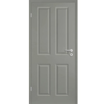 Porte intérieure grise à quatre panneaux avec poignée et serrure