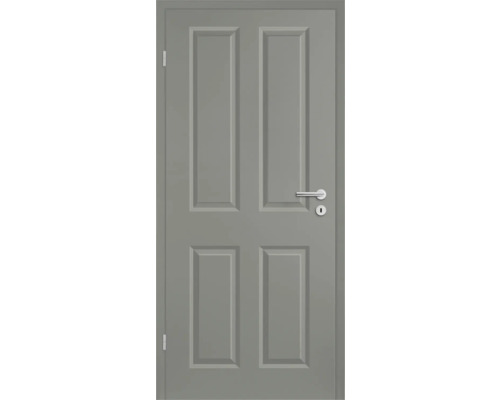 Porte intérieure grise à quatre panneaux avec poignée et serrure