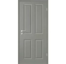 Graue Innentür mit vier Feldern, Türgriff und Schloss