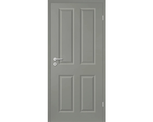 Graue Innentür mit vier Feldern, Türgriff und Schloss