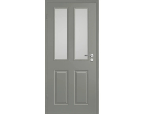 Porte intérieure grise avec deux inserts en verre et ferrures