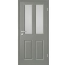 Graue Innentür mit zwei Glaseinsätzen und Türgriff