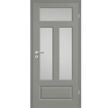 Porte intérieure grise avec trois vitrages et garniture de poignée.