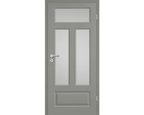 Porte intérieure grise avec trois vitrages et garniture de poignée.