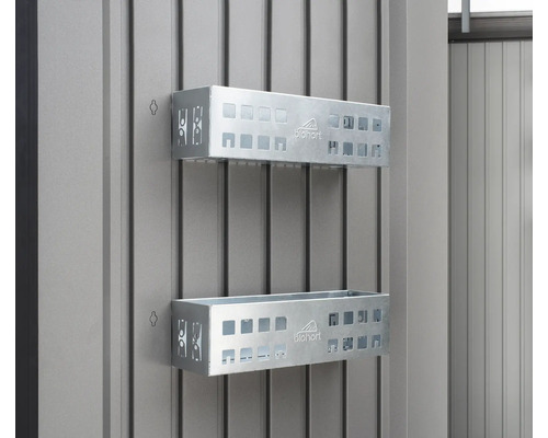 Panier de porte biohort 2 pièces 34 x 10 cm Deux étagères Biohort montées sur un mur gris