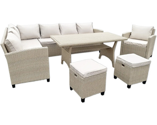 Gartenmöbelset mit Esstisch, Ecksofa, Sessel und Hockern