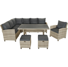 Gartenmöbelset mit Ecksofa, Tisch, Sessel und Hockern