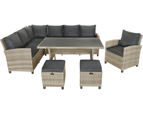 Gartenmöbelset mit Ecksofa, Tisch, Sessel und Hockern