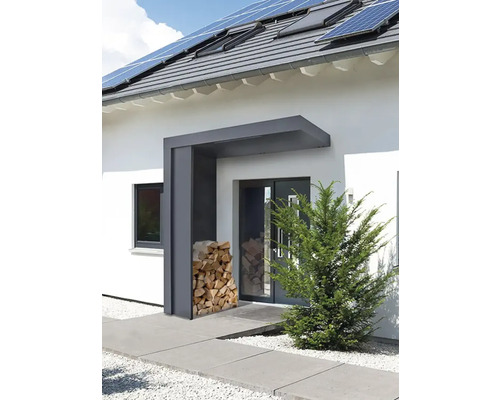 Gutta Blende BS Depot RAL 7016 anthrazit 33x220 cm Modernes Hauseingangsportal mit Holzstapel und Pflanze.