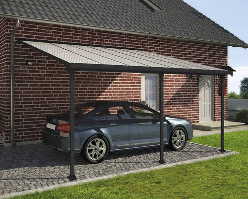Terrassenüberdachung CANOPIA by Palram Feria 4x4.2 425 x 380 cm anthrazit Carport mit Auto vor einem Backsteinhaus