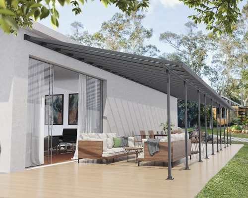 Terrassenüberdachung CANOPIA by Palram Feria 4x14 1457 x 380 cm anthrazit Terrasse mit Terrassenüberdachung und Gartenmöbeln