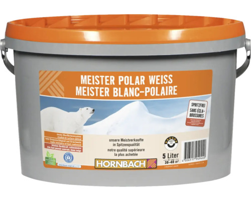Peinture murale Meister blanc polaire sans conservateurs 5 l Seau de peinture d''intérieur Polarweiss avec le logo Hornbach
