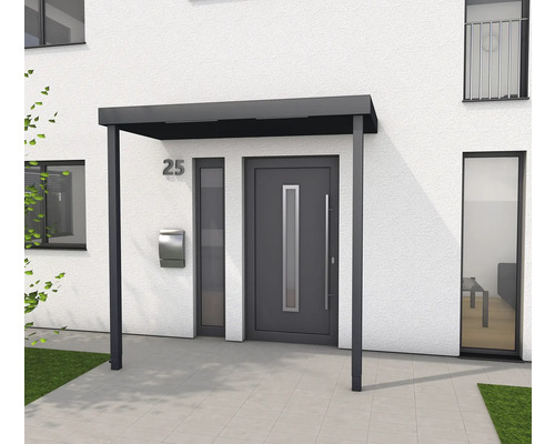 Gutta Vordach BS Plus XL RAL 7016 anthrazit 250x125 cm inkl. 2 Pfosten Wasserablauf links Haustürvordach mit Hausnummer und Briefkasten an Fassade