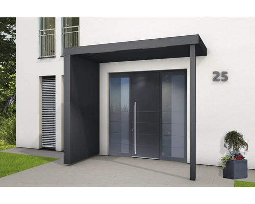 Gutta Auvent BS Plus XL RAL 7016 anthracite 250x125 cm avec partie latérale à gauche, poteau à droite, évacuation de l'eau dans la partie latérale Porte d''entrée moderne avec auvent et numéro de maison
