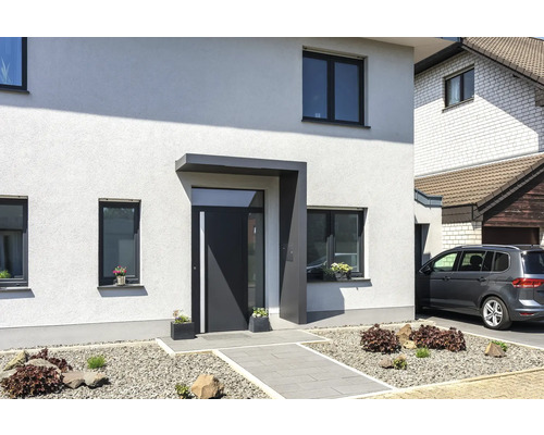 Gutta Vordach BS Plus 160 RAL 7016 anthrazitgrau 160x90 cm inkl. Briefkasten, Seitenteil rechts Wasserablauf im Seitenteil Modernes Haus mit Haustür, Fenstern und Vorgarten