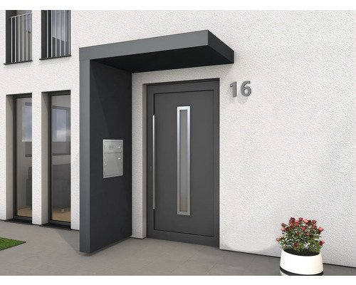Gutta Vordach BS Plus 160 RAL 7016 anthrazit 160x90 cm Seitenteil links inkl. Briefkasten,Funktionskasten Edelstahl Wasserablauf im Seitenteil Haustür mit Vordach und Briefkasten an einer Hauswand