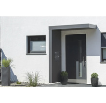 Façade de maison avec porte d''entrée, fenêtre et bacs à plantes