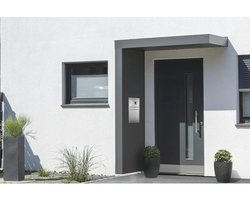 Auvent Gutta BS Plus 160 RAL 7016 anthracite 160x90 cm partie latérale gauche avec boîte aux lettres, sonnette et interphone acier inoxydable évacuation de l'eau dans la partie latérale Zone d''entrée d''une maison avec porte d''entrée, boîte aux lettres et fenêtres