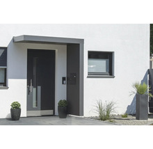 Eingangsbereich eines Hauses mit Haustür, Fenster und Bepflanzung.