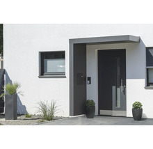 Eingangsbereich eines Hauses mit Haustür, Fenster und Bepflanzung