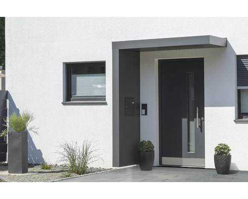 Eingangsbereich eines Hauses mit Haustür, Fenster und Bepflanzung