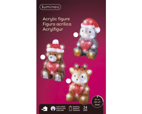 Figures en acrylique ours, pingouin et renne avec cœur et éclairage LED