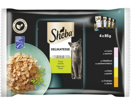 Aliment pour chats Sheba Delikatesse dans gelée variété raffinée 4x85 g