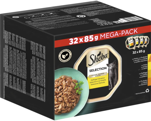 Nourriture pour chats Sheba en sauce volaille 32 x 85g Sheba, alimentation pour chat, méga pack de 32 portions de 85 grammes.