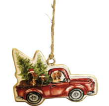Weihnachtsanhänger in Form eines roten Trucks mit Dackeln und Weihnachtsbaum