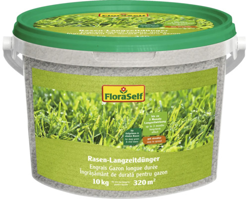 Engrais longue durée pour gazon FloraSelf 10 kg / 320 m² Engrais gazon longue durée FloraSelf en seau, 10 kg pour 320 mètres carrés