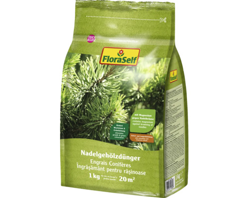 Engrais pour conifères FloraSelf 1 kg pour env. 20 m² Engrais conifères FloraSelf dans un paquet de 1 kilogramme pour environ 20 mètres carrés