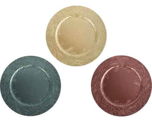 Trois assiettes de présentation rondes avec décor