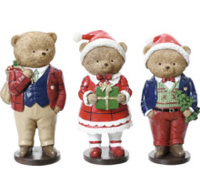 Drei Weihnachtsfiguren in Bärenform mit Geschenken und Weihnachtsmannmütze