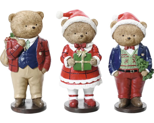 Drei Weihnachtsfiguren in Bärenform mit Geschenken und Weihnachtsmannmütze