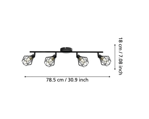 Schwarze Deckenleuchte mit vier Leuchten und Käfigschirmen, Abmessungen werden angezeigt.