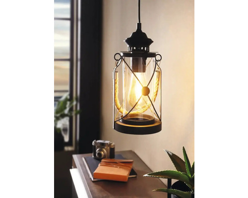 Suspension style lanterne avec verre transparent et corde décorative