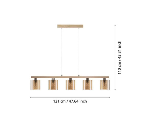 Hängelampe mit fünf Leuchten und Maßangaben.